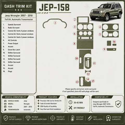 Jeep Wrangler 2007-2010 set completo; cambio automatico kit rivestimento cruscotto e interni 3D
