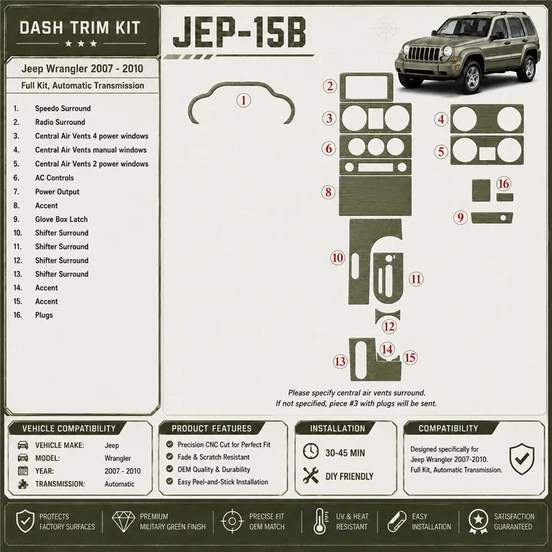 Jeep Wrangler 2007-2010 set completo; cambio automatico kit rivestimento cruscotto e interni 3D