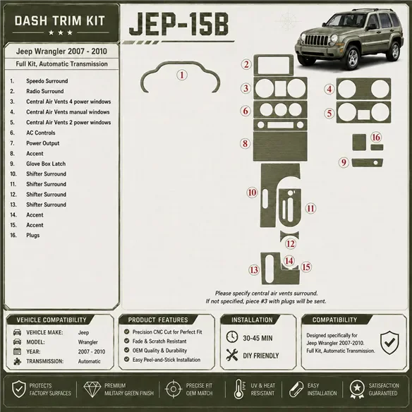 Jeep Wrangler 2007-2010 set completo; cambio automatico kit rivestimento cruscotto e interni 3D