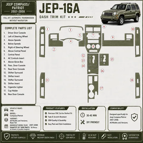 Jeep Compass 2007-2008 set completo; cambio automatico; senza navigatore kit rivestimento cruscotto e interni 3D