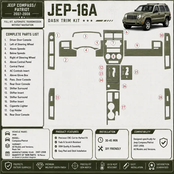 Jeep Compass 2007-2008 set completo; cambio automatico; senza navigatore kit rivestimento cruscotto e interni 3D