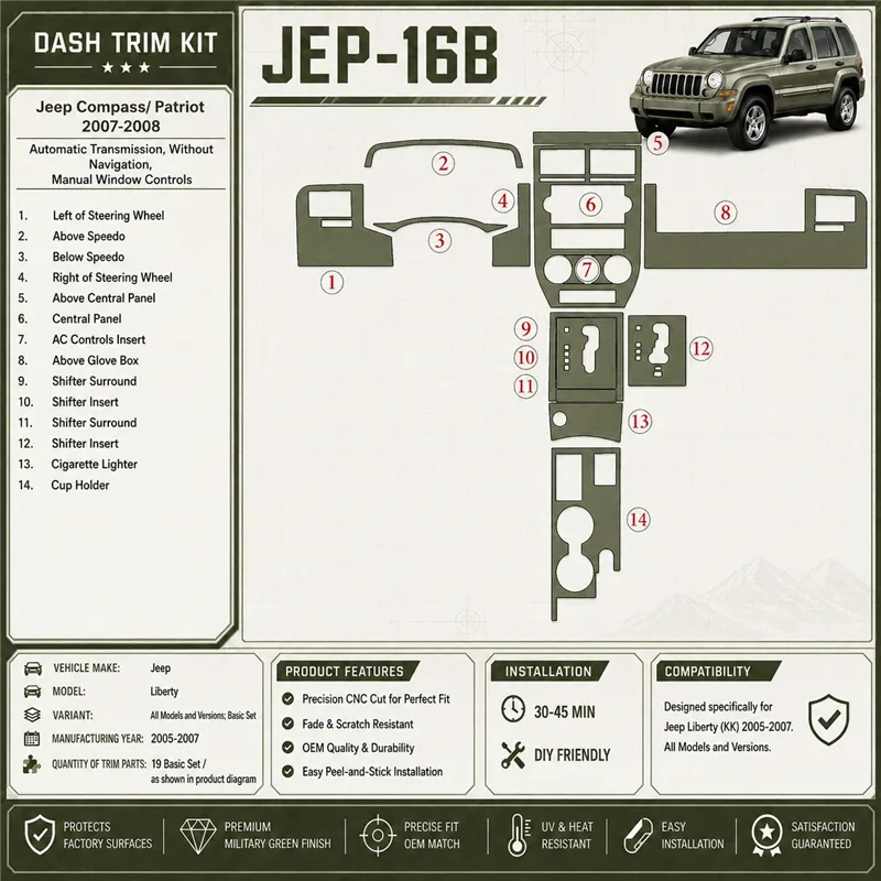 Jeep Compass 2007-2008 cambio automatico; senza navigatore; cambio manuale Window Controls kit rivestimento cruscotto e interni 