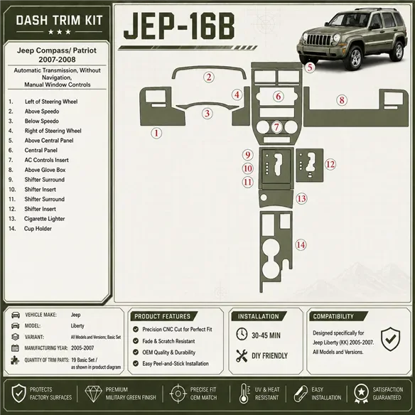 Jeep Compass 2007-2008 cambio automatico; senza navigatore; cambio manuale Window Controls kit rivestimento cruscotto e interni 