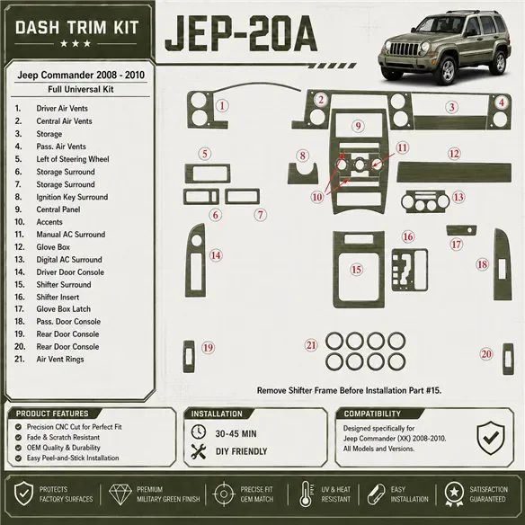 Jeep Compass 2009-in poi set completo; con Auto-stick mission kit rivestimento cruscotto e interni 3D
