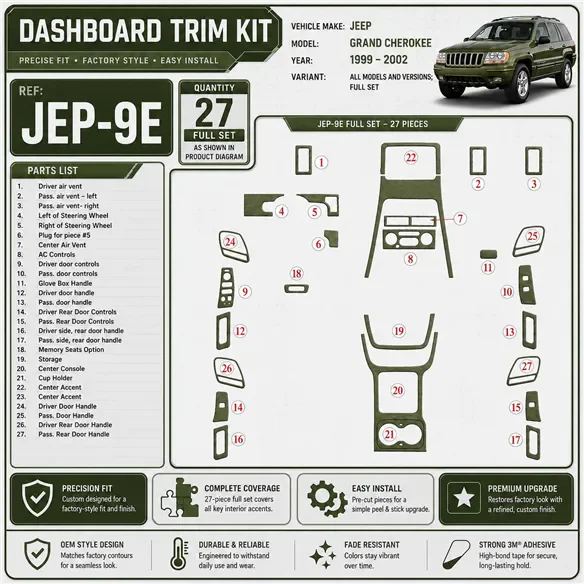 Jeep Grand Cherokee 1999-2002 set completo kit rivestimento cruscotto e interni 3D