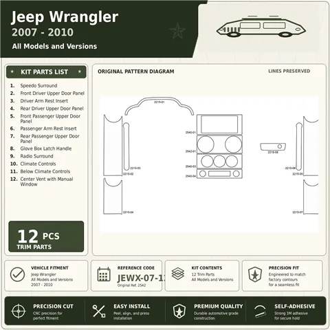 Jeep Wrangler 2007-2010 kit rivestimento cruscotto e interni 3D 12 pezzi