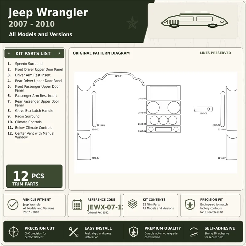 Jeep Wrangler 2007-2010 kit rivestimento cruscotto e interni 3D 12 pezzi