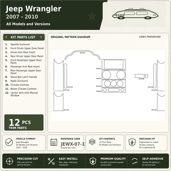 Jeep Wrangler 2007-2010 kit rivestimento cruscotto e interni 3D 12 pezzi