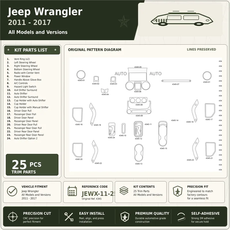 Jeep Wrangler 2011-2017 kit rivestimento cruscotto e interni 3D 25 pezzi