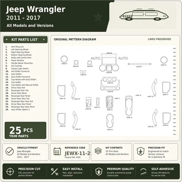 Jeep Wrangler 2011-2017 kit rivestimento cruscotto e interni 3D 25 pezzi