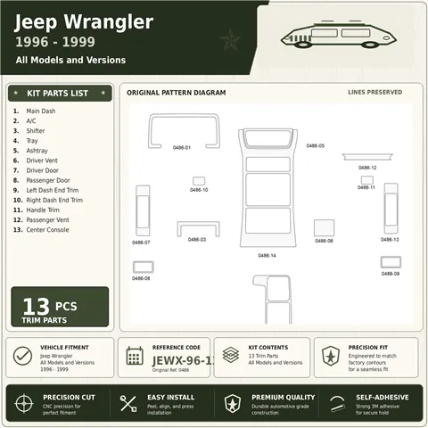 Jeep Wrangler 1996-1999 kit rivestimento cruscotto e interni 3D 13 pezzi