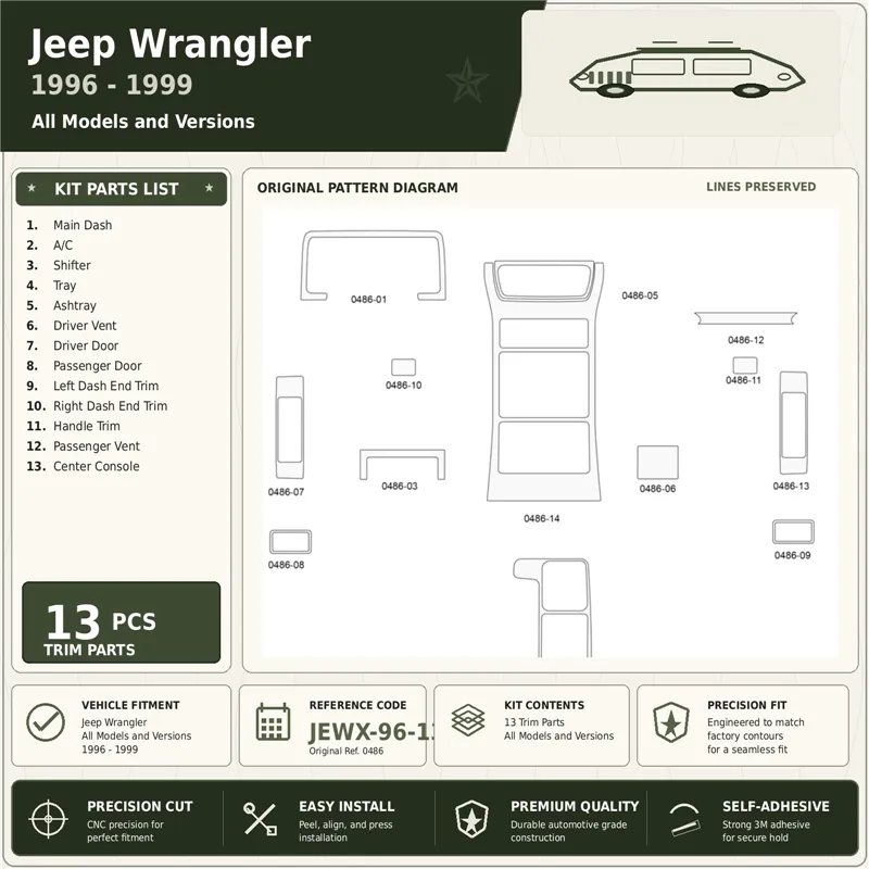 Jeep Wrangler 1996-1999 kit rivestimento cruscotto e interni 3D 13 pezzi