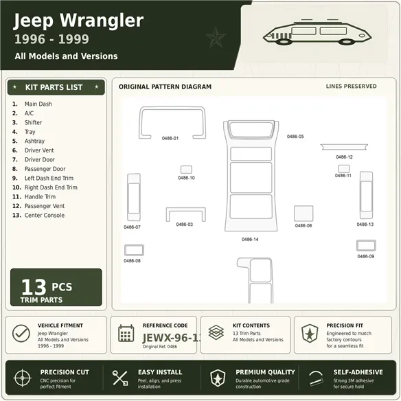 Jeep Wrangler 1996-1999 kit rivestimento cruscotto e interni 3D 13 pezzi