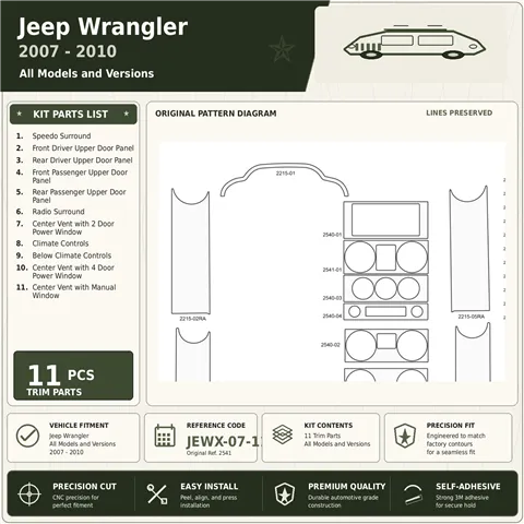 Jeep Wrangler 2007-2010 kit rivestimento cruscotto e interni 3D 11 pezzi