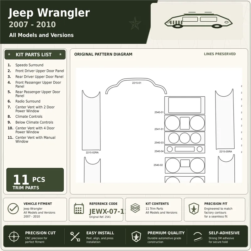Jeep Wrangler 2007-2010 kit rivestimento cruscotto e interni 3D 11 pezzi