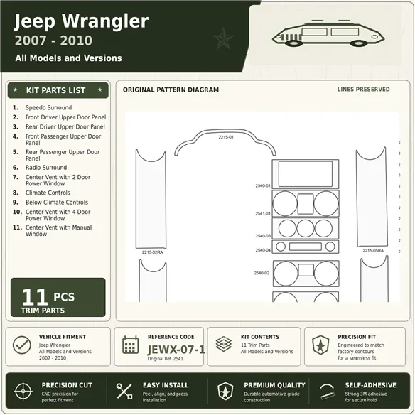 Jeep Wrangler 2007-2010 kit rivestimento cruscotto e interni 3D 11 pezzi