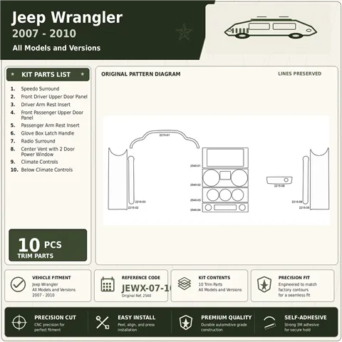 Jeep Wrangler 2007-2010 kit rivestimento cruscotto e interni 3D 10 pezzi
