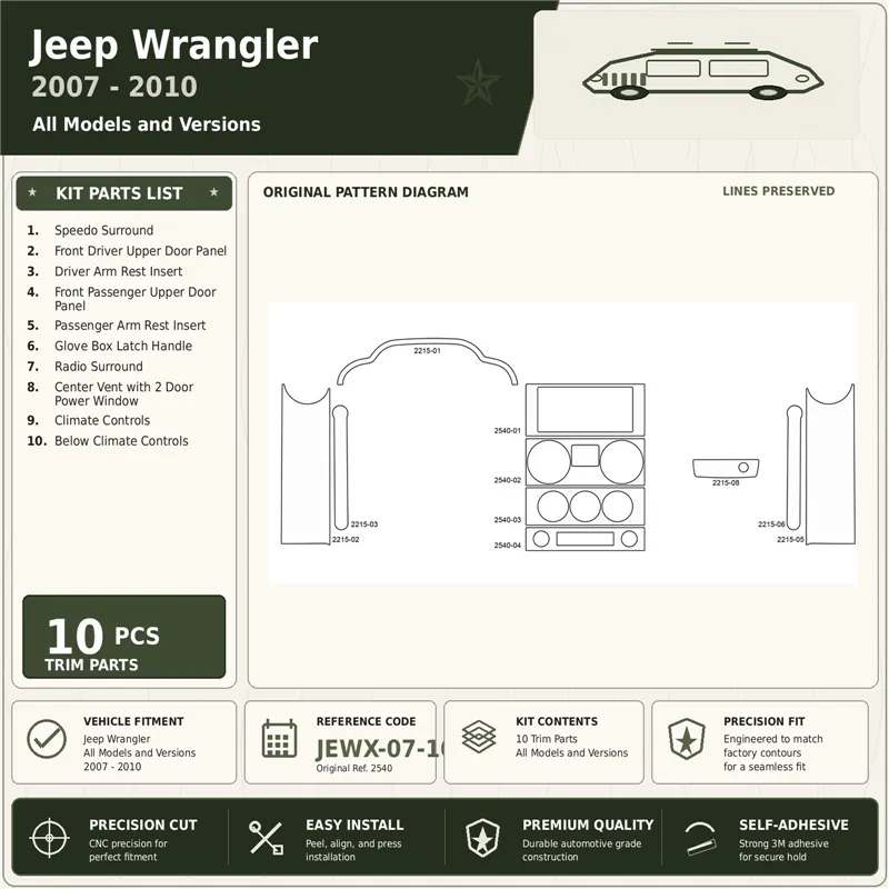 Jeep Wrangler 2007-2010 kit rivestimento cruscotto e interni 3D 10 pezzi