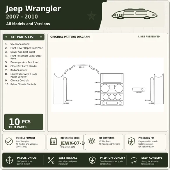 Jeep Wrangler 2007-2010 kit rivestimento cruscotto e interni 3D 10 pezzi