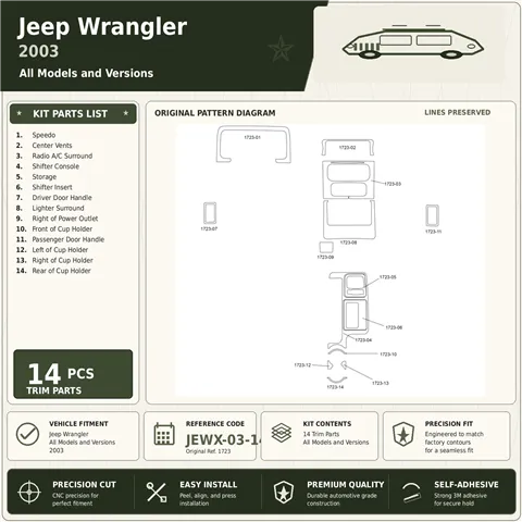 Jeep Wrangler 2003 kit rivestimento cruscotto e interni 3D 14 pezzi