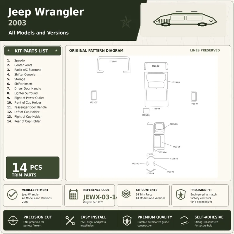 Jeep Wrangler 2003 kit rivestimento cruscotto e interni 3D 14 pezzi