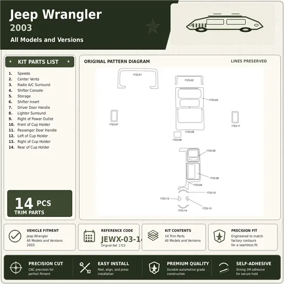 Jeep Wrangler 2003 kit rivestimento cruscotto e interni 3D 14 pezzi