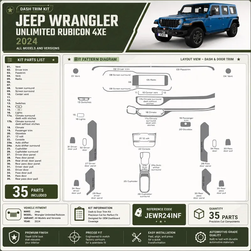 Jeep Wrangler Unlimited Rubicon 2024 kit rivestimento cruscotto e interni 3D 35 pezzi