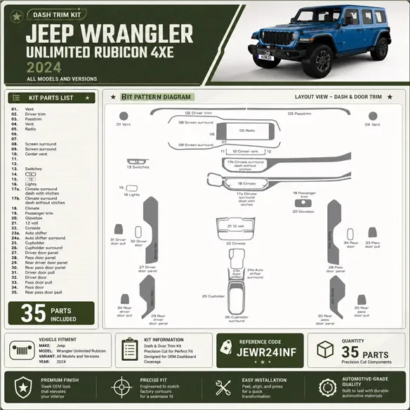 Jeep Wrangler Unlimited Rubicon 2024 kit rivestimento cruscotto e interni 3D 35 pezzi