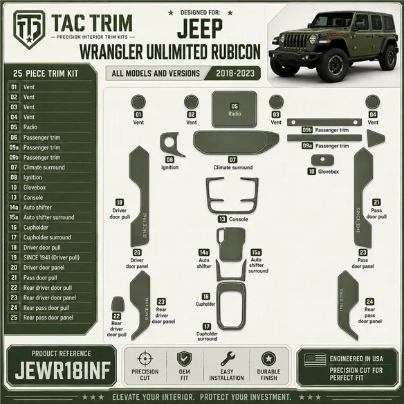 Jeep Wrangler Unlimited Rubicon 2018-2023 kit rivestimento cruscotto e interni 3D 25 pezzi
