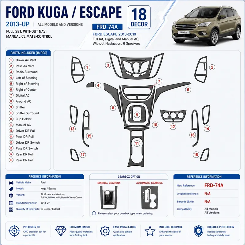 Ford Kuga 2013-in poi set completo; senza navigatore; manual Climate-Control kit rivestimento cruscotto e interni 3D