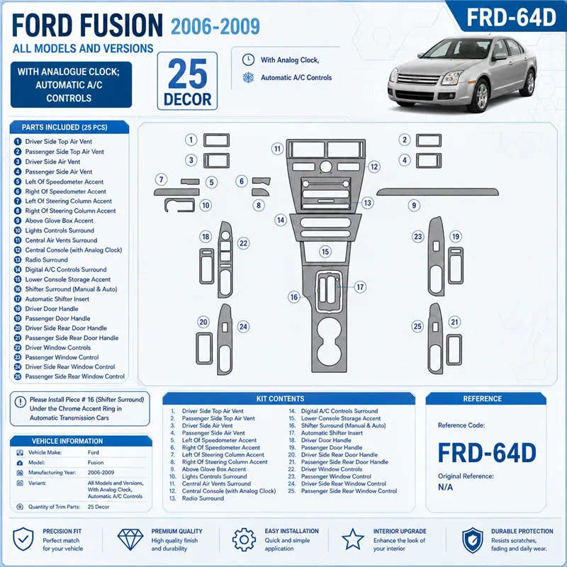 Ford Fusion 2006-2009 con Analogue Clock; Automatic A / C Controls kit rivestimento cruscotto e interni 3D