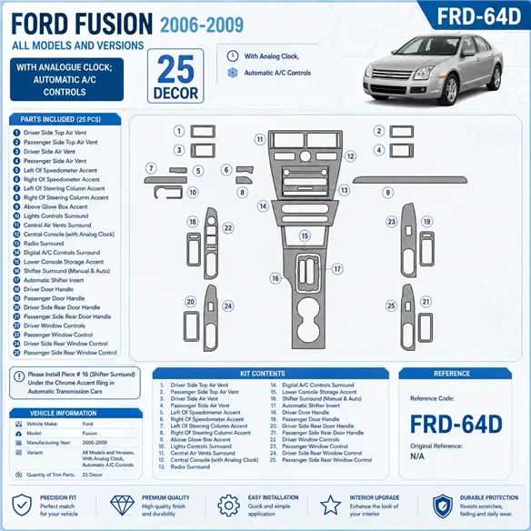 Ford Fusion 2006-2009 con Analogue Clock; Automatic A / C Controls kit rivestimento cruscotto e interni 3D
