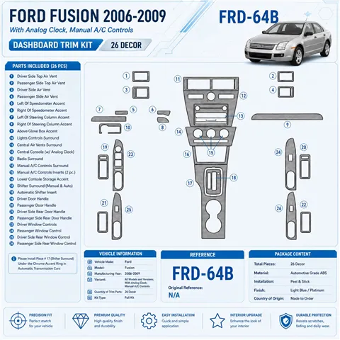 Ford Fusion 2006-2009 con Analogue Clock; cambio manuale A / C Controls kit rivestimento cruscotto e interni 3D