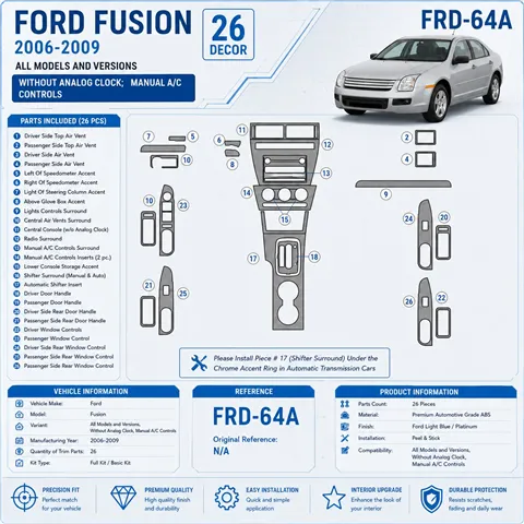 Ford Fusion 2006-2009 con Automatic Clock; cambio manuale A / C Controls kit rivestimento cruscotto e interni 3D