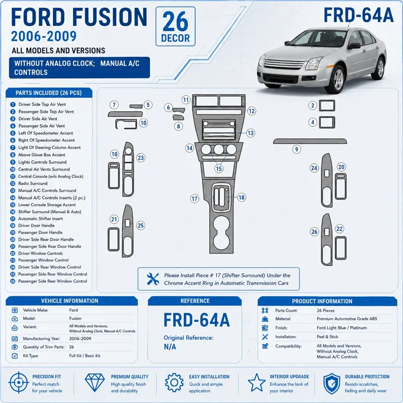 Ford Fusion 2006-2009 con Automatic Clock; cambio manuale A / C Controls kit rivestimento cruscotto e interni 3D