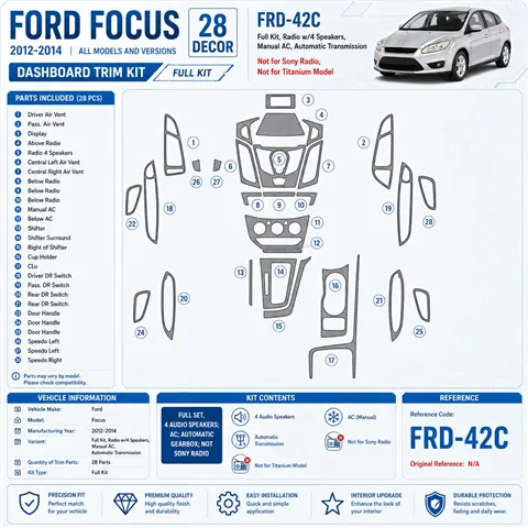 Ford Focus 2012-in poi set completo, 4 Audio speakers; AC; cambio automatico; Not Sony Radio kit rivestimento cruscotto e intern 2
