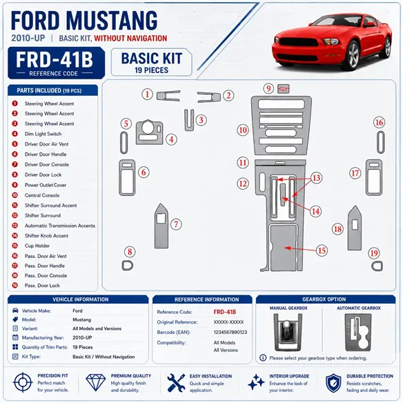 Ford Mustang 2010-in poi Basic Set; senza navigatore kit rivestimento cruscotto e interni 3D
