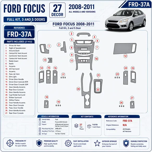 Ford Focus 2008-2011 set completo, 3 and 5 porte kit rivestimento cruscotto e interni 3D