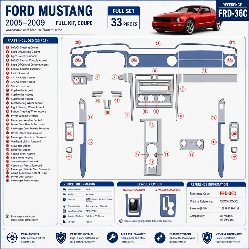 Ford Mustang 2005-2009 Soft Roof Coupe; set completo kit rivestimento cruscotto e interni 3D