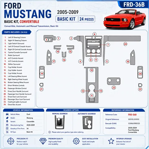 Ford Mustang 2005-2009 Folding Roof Cabrio; Basic Set kit rivestimento cruscotto e interni 3D 2