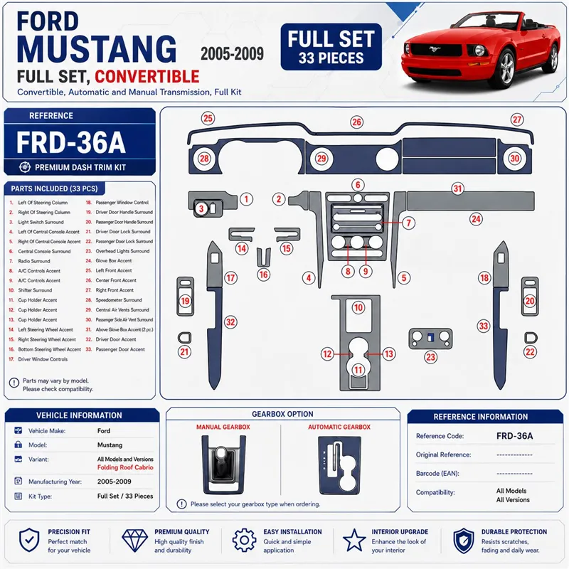 Ford Mustang 2005-2009 Folding Roof Cabrio; set completo kit rivestimento cruscotto e interni 3D