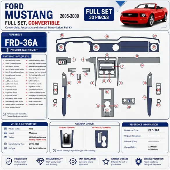 Ford Mustang 2005-2009 Folding Roof Cabrio; set completo kit rivestimento cruscotto e interni 3D