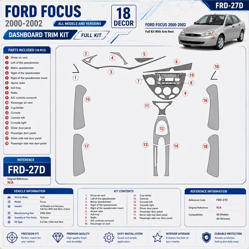 Ford Focus 2000-2002 set completo; con Arm Rest, 4-Door kit rivestimento cruscotto e interni 3D 18 pezzi
