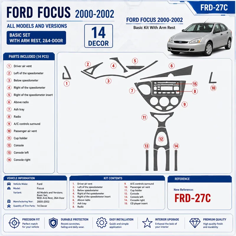 Ford Focus 2000-2002 Basic Set; con Arm Rest, 2&4-Door kit rivestimento cruscotto e interni 3D 14 pezzi