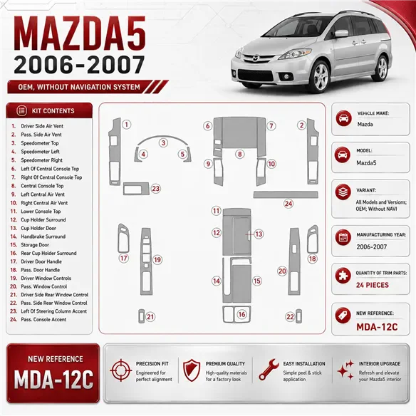 Mazda Mazda5 2006-2007 OEM; senza navigatore kit rivestimento cruscotto e interni 3D