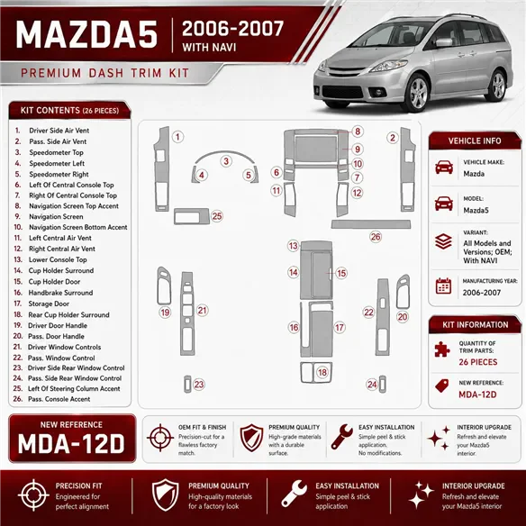 Mazda Mazda5 2006-2007 OEM; con navigatore kit rivestimento cruscotto e interni 3D