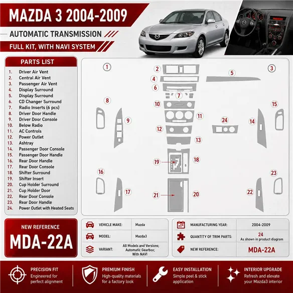 Mazda Mazda3 2004-2009 cambio automatico; con navigatore kit rivestimento cruscotto e interni 3D