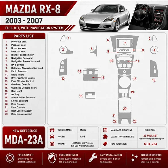 Mazda RX-8 2003-2007 set completo; con sistema di navigazione kit rivestimento cruscotto e interni 3D