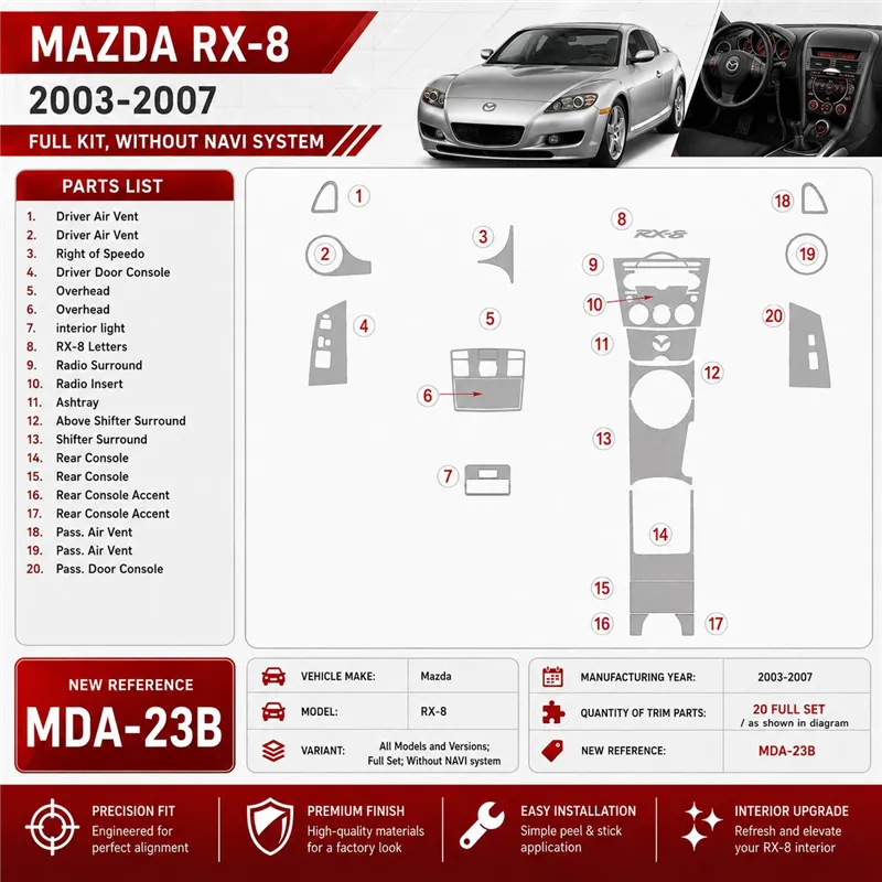 Mazda RX-8 2003-2007 set completo; senza sistema di navigazione kit rivestimento cruscotto e interni 3D