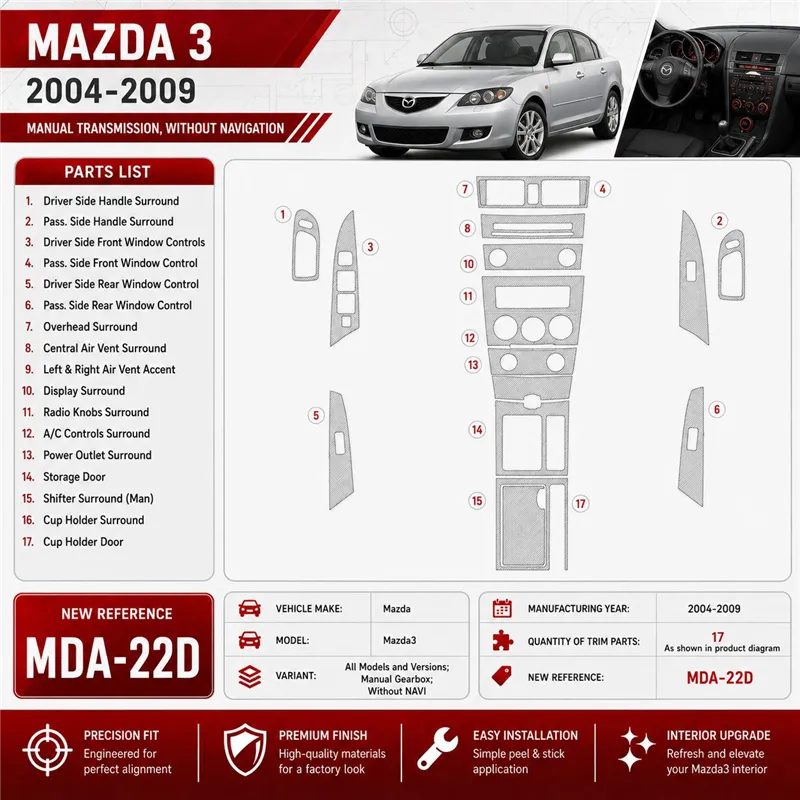 Mazda Mazda3 2004-2009 cambio manuale; senza navigatore kit rivestimento cruscotto e interni 3D
